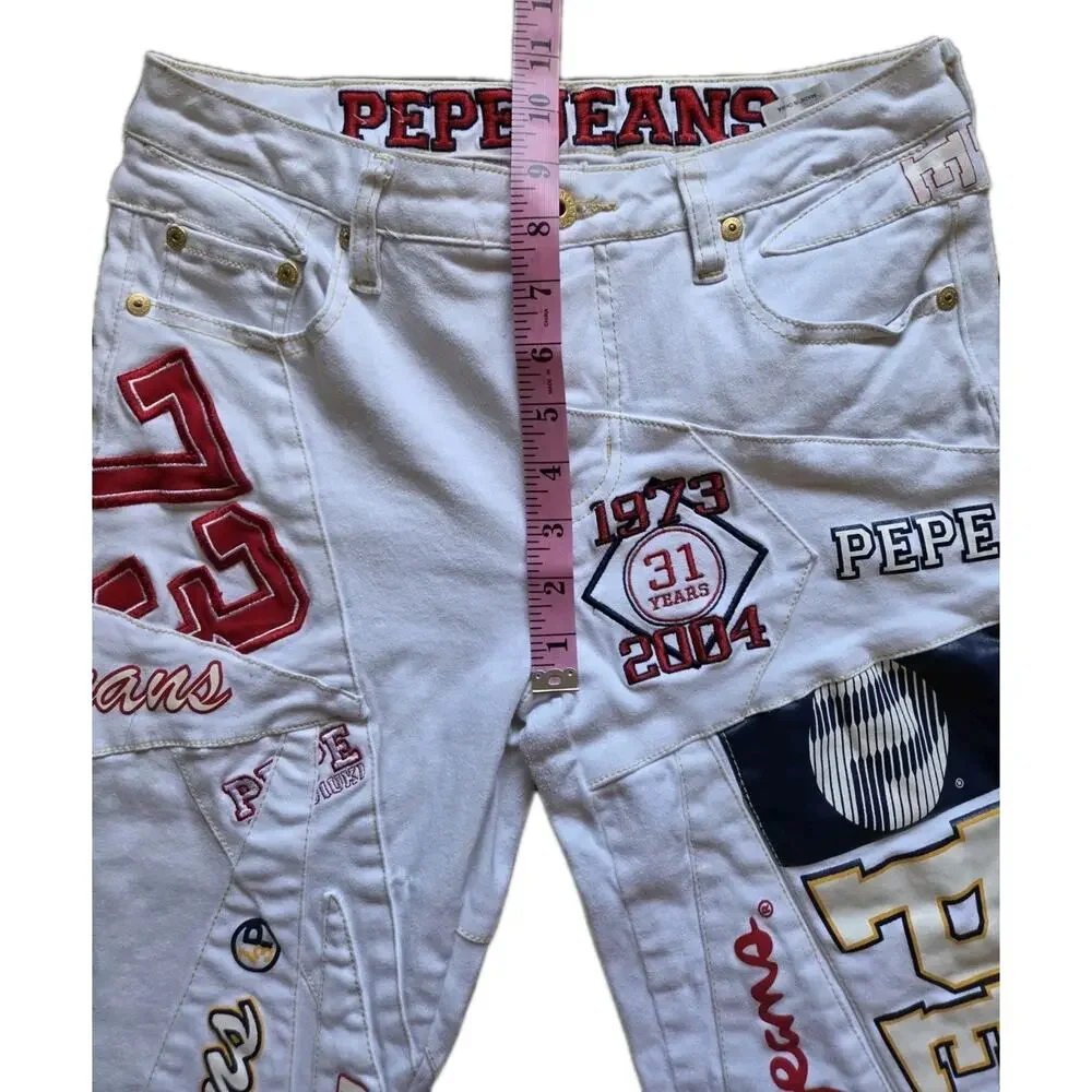 Y2K Pepe Jeans London Capri Pants Patchwork Logo Spellout Embroidered White 29 - Picture 7 of 9